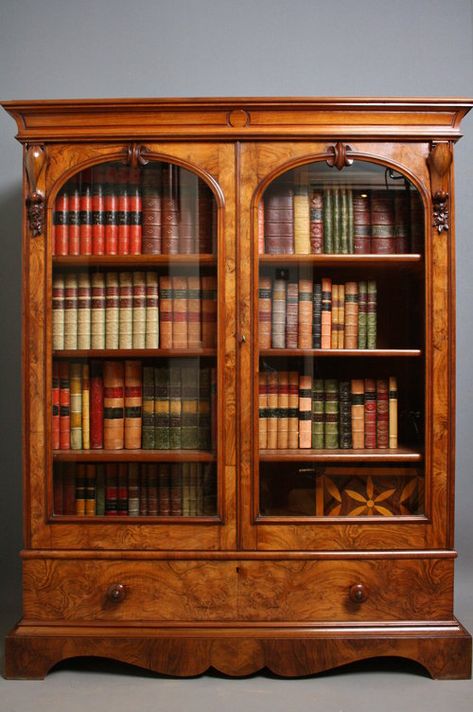 Victorian Bookshelf, Sliding Door Bookcase, Victorian Bookcases, Antique Bookshelf, Panelled Doors, Home Library Rooms, Walnut Bookcase, Antique Bookcase, Vintage Bookshelf