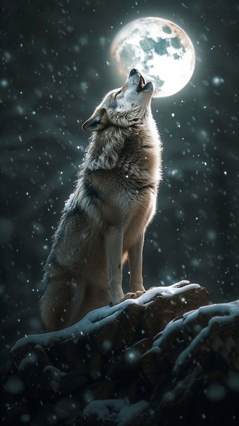 Wolf Howling Moonlight: A solitary wolf stands atop a snowy rock, howling at the full moon on a serene night. #wolf #moon #snow #howling #night #winter #wildlife #nature #aiart #aiphoto #stockcake https://ayr.app/l/sPjA Wolf Plush, Wolf Life, Wolf Images, Wolf Photography, Wolf Photos, Wolf Spirit Animal, Wolf Wallpaper, Wolf Drawing, Wolf Pictures