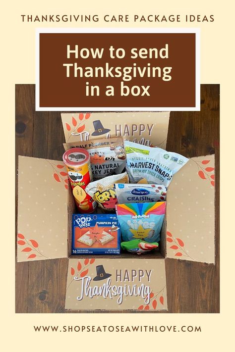 Thanksgiving care package Thanksgiving Box Ideas, Thanksgiving Care Package Ideas, Thanksgiving Care Package Military, November Care Package, Thanksgiving Food Basket, Thanksgiving Middle School, Thanksgiving Care Package, Fall Care Package, Soldier Care Packages