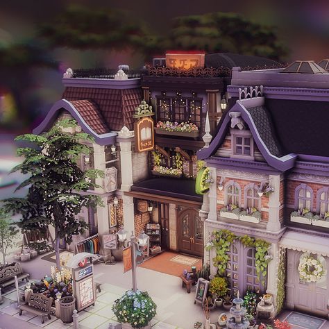 Heeeyyylooo Lovelies!🌸 I finally did it! I've been building this creation for days and I'm so happy with how it turned out in the end!😍 This is a shopping area in San Sequoia, with a fashion store, a bookstore, a florist, a café with a bakery and an art gallery. All buildings are fully furnished and decorated. Of course I will show a few more pictures because it took me the longest time to decorate the interior. I hope you enjoy it! The images in the art gallery are all from my own gallery... Sims 4 Florist Shop, Sims4 Bakery, Sims 4 Art Gallery, Sims 4 Bakery Build, Sims 4 Shops, Sims 4 Bookstore, Sims 4 San Sequoia, Sims 4 Shop, Sims 4 Bakery