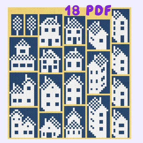 This is a set of 18 easy house patterns for intermediate knitters using the Fair Isle technique. Patterns are presented in the form of two-color schemes. The patterns are designed according to Scandinavian/Nordic motives and are grouped into full-size and rapport patterns. Using these charts, you can create any modern Norwegian knit or crochet project. Please note that there are only charts (graphs). No instructions or tutorials are included. You will receive a link to download one full-size chart of 18 houses in PDF format and four charts of 10-12-13-16 rapport in JPG format. Your files will be available to download once payment is confirmed. If any problems take place when downloading, please contact me, and I'll do whatever I can to help. Other kinds of colorwork patterns can be found a Fair Isle Motifs, Nordic Knitting Charts, Knitting Motifs Charts, Fair Isle Charts Nordic, Fair Isle Nordic Knitting Pattern For Fall, Knitting Colorwork Chart, Fair Isle Knitting Patterns Charts, Nordic Knitting Patterns, Norwegian Knitting Designs