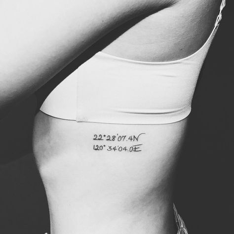 31 Very Stylish Coordinate tattoos for Cool BodyArt!; coordinate tattoo ideas; coordinate tattoo font; coordinate tattoo foot; coordinate tattoo women #tattoos #ink #inked #tattooed #tattooartist #tattooart #bodyart #Tätowierung #tatouage #tattooist Rib Quote Tattoos For Women, Rib Quote Tattoos, Coordinate Tattoos, Rib Tattoos For Women Quotes, Rib Tattoo Quotes, Quote Tattoos Placement, Tattoos On Side Ribs, Inspiring Quote Tattoos, Tattoo Quotes For Men