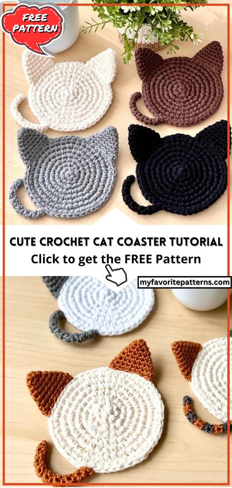 Cute Crochet Cat Coaster Tutorial Crochet Cat Coaster, Coaster Tutorial, Crochet Cat Toys, Crochet Coasters Free Pattern, Crochet Cat Pattern, Cat Coasters, Crochet Coaster Pattern, Cozy Crochet, Easy Crochet Projects