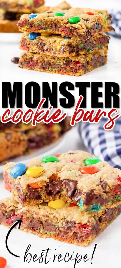 EASY MONSTER COOKIE BARS RECIPE Monster Bars Recipe With Oatmeal, M&m Magic Bars, Shareable Desserts Parties, Monster Cookie Bars Recipe, Shareable Desserts, Fancy Cooking, Monster Cookie Bars, Easy Brownie, Monster Cookies Recipe