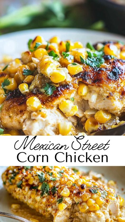 This Mexican street corn chicken is a fusion of juicy grilled chicken and the irresistible flavors of elote. With a creamy cheese and lime topping, this dish combines tangy, smoky, and savory notes for an unforgettable dinner. Ideal for fall and winter recipes, this chicken is not only easy to make but also brings a festive flair to your mealtime. Serve alongside rice, beans, or a simple salad for a delicious and satisfying experience. Street Corn Sauce, Mexican Street Corn Chicken, Corn Sauce, Street Corn Chicken, Elote Recipe, Juicy Grilled Chicken, Mexican Side Dishes, Corn Chicken, Mexican Street Food