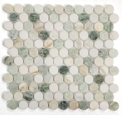 Penny Marble Spring 11 x 11.75 Calacatta Green, Penny Tile, Round Tiles, Penny Round, Marble Mosaic Tiles, Marble Surface, Ceramic Shop, Grout Color, Kitchen Floor Tile