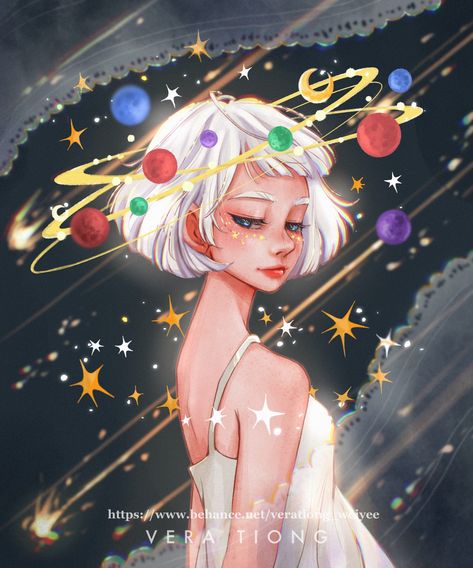 Space Girl on Behance All Planets Drawing, Scifi Fantasy Wallpaper, Space Person Art, Space Woman Art, Astronomy Character Design, Space Hair Drawing, Space Themed Character Design, Galaxy Girl Art, Space Girl Aesthetic