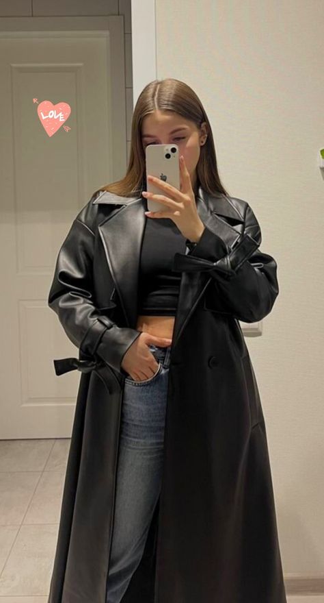 Long Black Leather Jacket Outfit, Leather Coat Outfit, Prada Aesthetic, Black Leather Jacket Outfit, Modest Winter Outfits, Fall Fashion Coats, Coat Pattern Sewing, Eid Outfit, Long Leather Coat