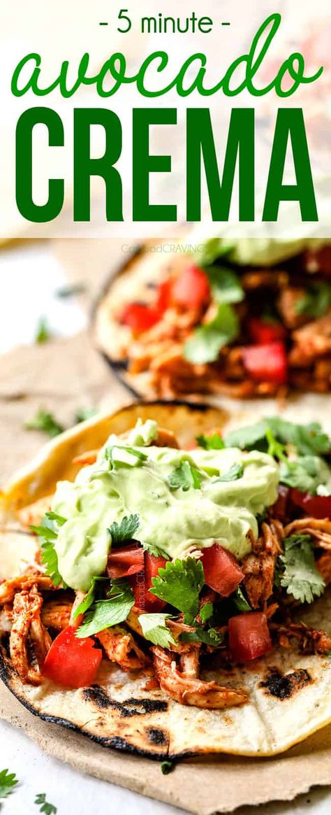 Avocado Taco Recipes, Crema Recipe For Tacos, Greek Yogurt Mayo, Avocado Crema Recipe, Avocado Sour Cream, Crema Recipe, Creamy Avocado Sauce, Avocado Crema, Carlsbad Cravings