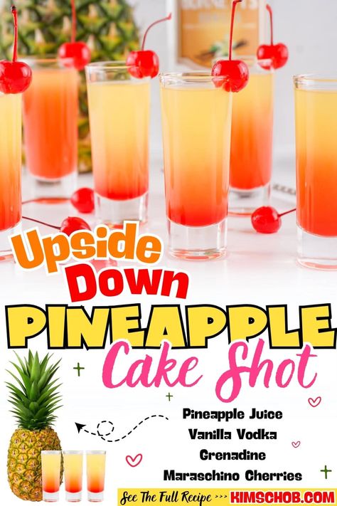 If you're looking for a fun and delicious shot to impress your friends at your next gathering, the Pineapple Upside Down Cake Shot with Vanilla Vodka is a must-try. Vanilla Vodka Jello Shots, Pineapple Upside Down Cake Shot Recipe, Pineapple Upside Down Cake Drink, Cake Vodka Drinks, Vodka Punch Recipes Parties, Pineapple Upside Down Shot, Cake Vodka Recipes, Pineapple Upside Down Cake Shot, Birthday Cake Vodka