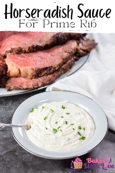 This horseradish sauce for prime rib is the perfect condiment for pairing with prime rib, beef tenderloin, or steak recipes! It may be a simple condiment, but this quick dip makes it easy to see why it is so popular! With only a couple of ingredients, you're going to be making this all the time! BakeItWithLove.com #bakeitwithlove #horseradish #primerib #horseradishsauce #creamy #recipe #condiment Prime Rib Horseradish Sauce, Horseradish Sauce For Prime Rib, Sauce For Prime Rib, Horsey Sauce, Prime Rib Sauce, Leftover Prime Rib Recipes, Horse Radish, Rib Dinner, Prime Rib Sandwich