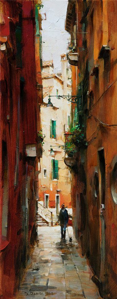 Venice Evening | Dmitri Danish [Дмитрий Даниш] 1966 Dimitri Danish, Dmitri Danish, Narrow Street, Venice Painting, Draw And Paint, Great Paintings, Cityscape Painting, Age 12, Cool Paintings