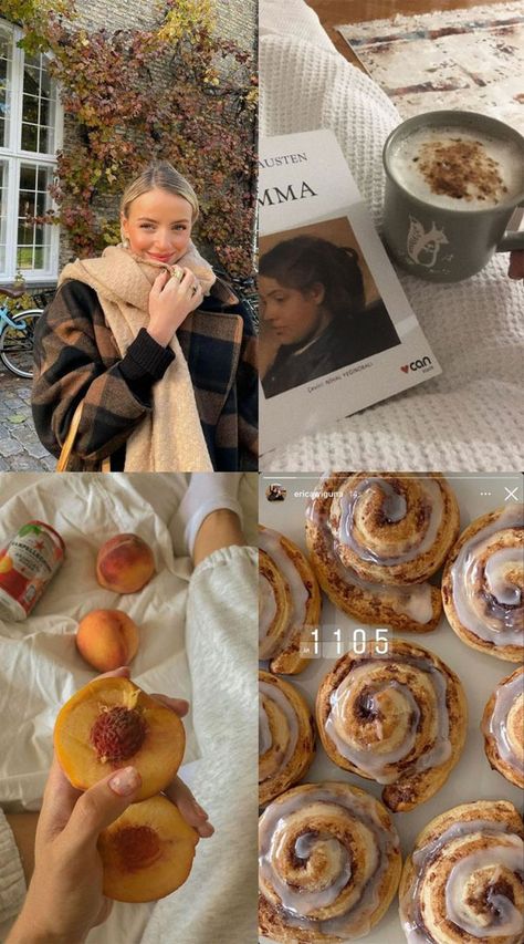 Fall Stories Instagram, Fall Insta Story Ideas, Peach Cinnamon Rolls, Autumn Aesthetic Home, Aesthetic Home Interior, Collage Autumn, Autumn Collage, Fall Collage, Cosy Aesthetic