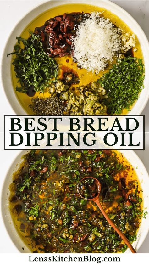 This Bread Dipping Oil is a quick and easy way to elevate your appetizer game! Rich extra-virgin olive oil, tangy balsamic vinegar, fresh herbs, and savory olives make the most flavor-packed dip. Serve it with warm, crusty bread for a simple yet elegant starter that will impress all your dinner guests! Bread With Balsamic Vinegar And Oil, Balsamic Vinegar Bread Dip, Balsamic Bread Dipping Sauce, Italian Oil Bread Dip, Focaccia Bread Dipping Sauce, Bread Dipping Recipes, Olive Oil And Balsamic Bread Dip, Dipping Oil For Bread Recipe, Italian Dipping Oil For Bread