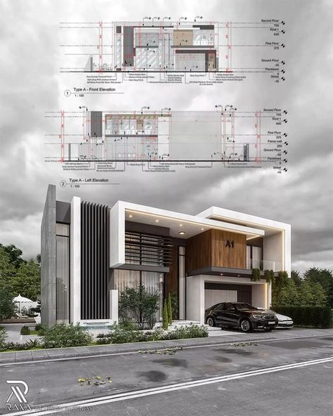 Elevation Concept Architecture, Render Elevation Architecture, Creative Elevation Architecture, Slope Villa, Villas Elevation Architecture, Minimal Elevation Architecture, Villa Facade Design, Modern Villa Exterior, Villa Design Architecture