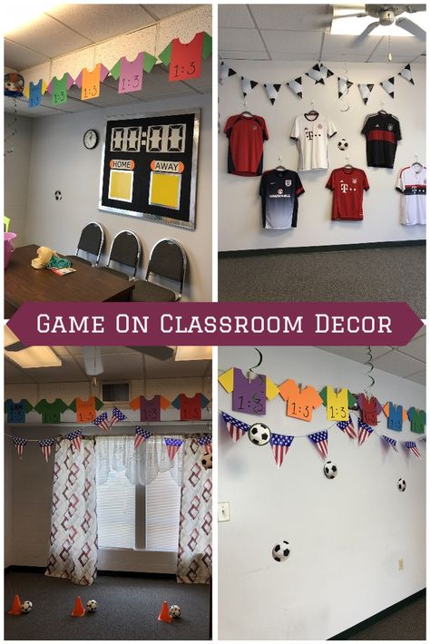 VBS Game On classroom decoration soccer DIY Soccer Decorations, Sports Vbs, Spain Country, Soccer Decor, School Soccer, Olympic Theme, Sport Theme, Vbs Themes, Classroom Transformation