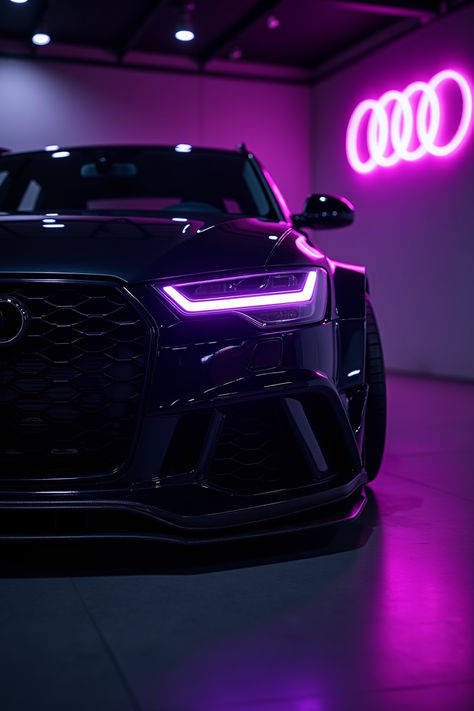 black audi rs6 station wagon, parked in a dim lit clean fancy luxury empty showroom with purple lighting. purple led headlights on, neon audi logo sign in the background Audi R8 Purple Wallpaper, Car Studio Lighting, Black And Purple Car, Audi Background, Audi Rs6 Black, Purple Audi, Audi Aesthetic, Audi R8 Sport, Audi Wallpaper