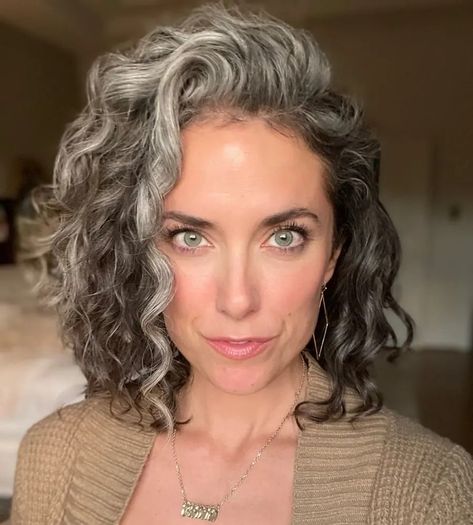 Short Wavy Hair Ideas, Greyish Blonde Hair, Brown Hair With Silver Highlights, Wavy Hair Ideas, Grey Brown Hair, Silver Hair Highlights, Dark Curly Hair, Grey Hair Transformation, Grey Curly Hair