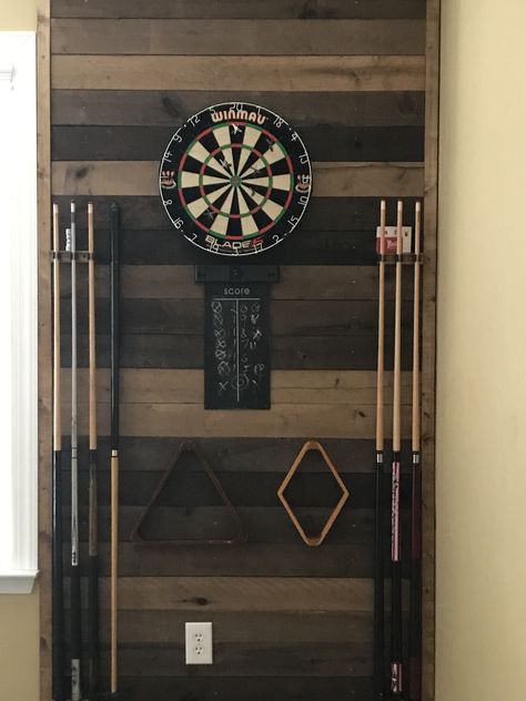 Dartboard wall Billiards room Game Room Dart Board Wall, Garage Man Cave Ideas Pool Table, Billiards Room Decor Rustic, Games Room Bar Ideas, Pool Table Wall Decor, Games Room Garage, Shiplap Dartboard Wall, Industrial Game Room Ideas, Pool Table In Garage