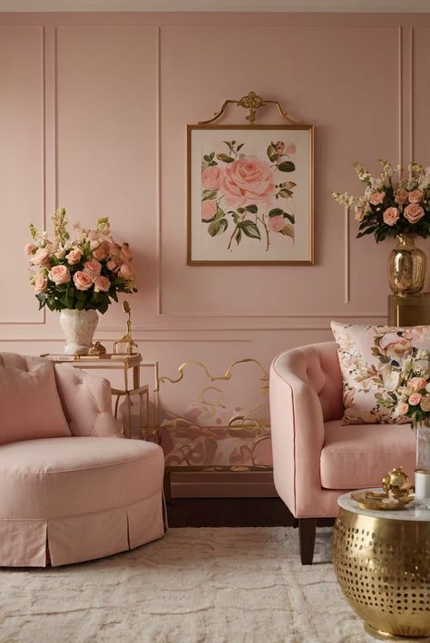 Step into the world of 2024 trends with a palette that screams romance and elegance. Blush pink and gold reign supreme for a luxurious touch! #ad     #Colortrend #wallpaint2024  #color2024  #DIYpainting  ##DIYhomedecor  #Fixhome Blush Pink Home Decor, Pink Interior Design Home Decor, Cherry Wood Kitchen Cabinets, Bronze Decor, Glamour Decor, Gold Rooms, Pink Furniture, Gold Living Room, Pink Home Decor