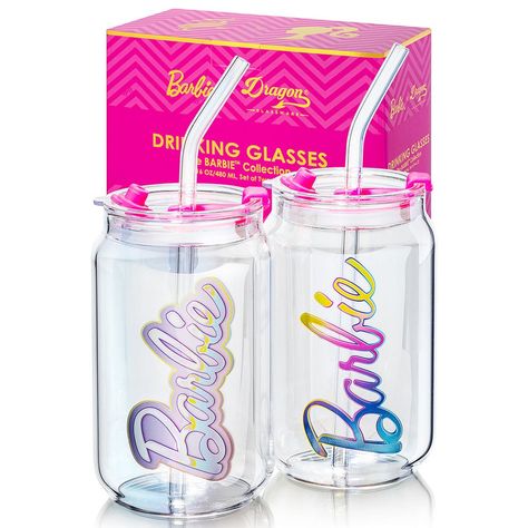 Embrace environmentally conscious hydration with these can-shaped glass cups from Dragon Glassware. Featuring the iconic Barbie The Movie scene, these reusable coffee cups with lids and straws are not only stylish but also help reduce waste. Made from durable materials and backed by a limited lifetime warranty, this sturdy drinking set is a must-have for any Barbie enthusiast who loves to sip in sustainable style. Cute Glass Cups, Stemless Martini Glasses, Matching Tumblers, Cups With Lids And Straws, Drinking Glasses Set, Glass Cup Set, Barbie Gifts, Coffee Glasses, Cups With Lids