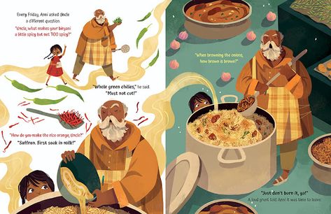 Randomly Reading: Anni Dreams of Biryani by Namita Moolani Mehra, illustrated by Chaaya Prabhat People Cooking, Children's Book Layout, Book Illustration Layout, رسم كاريكاتير, Book Illustration Design, Story Books Illustrations, Illustration Art Kids, Book Cover Illustration, Picture Books Illustration