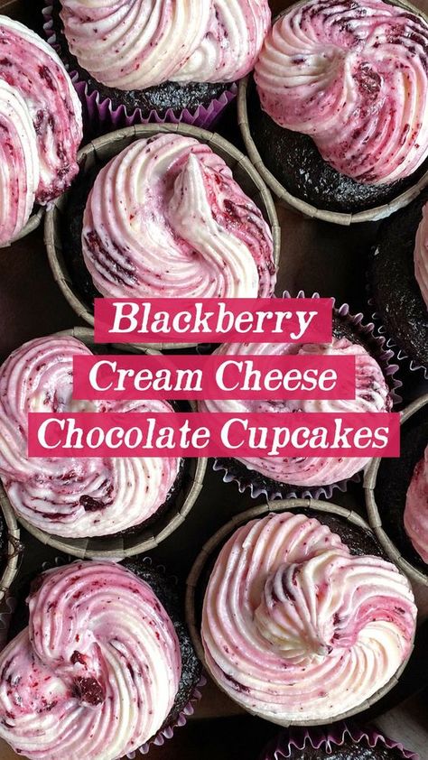 There is so much to love about these cupcakes, from the rich, moist chocolate cake base to the creamy and tangy blackberry cream cheese frosting. These Blackberry Cream Cheese Chocolate Cupcakes are the perfect treat to share with the whole family! Blackberry Cream Cheese, Blackberry Recipes, Cake Base, Gourmet Cupcakes, Rich Chocolate Cake, Moist Chocolate Cake, Desserts To Make, Baking Sweets, Eat Dessert First