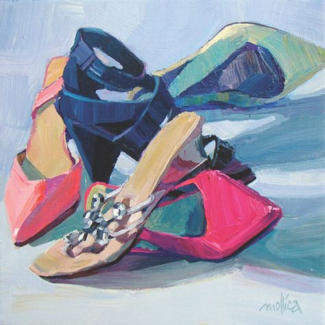 Pile Of Shoes, Bell Shoes, Acrylic Still Life, Shoes Painting, Paintings Still Life, Still Life Ideas, Block Painting, Art Shoes, Strappy Shoes