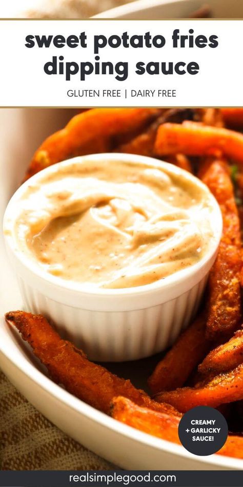 Creamy, smoky, garlicky and tangy - this easy homemade dipping sauce for sweet potato fries is a must have! Just mix up the ingredients in a bowl, grab some fries and get to dipping. Ready in only 5 minutes with 7 ingredients, it will last in the fridge for several weeks. This healthy fry dip is keto, gluten-free, paleo and whole30 friendly. | Real Simple Good via @realsimplegood Honey Sauce For Sweet Potato Fries, Sweet Potato Fries Dipping Sauce Honey, Sweet Potato Dipping Sauce Easy, Dipping Sauce For Sweet Potato Fries, Sweet Potato Fry Dipping Sauce, Sweet Potato Fries Dip, Sweet Potato Fry Sauce, Sweet Potato Dipping Sauce, Dip For Sweet Potato Fries