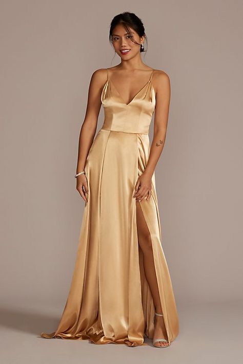 Bridesmaid Dresses - Galina Signature Charmeuse Deep V-Neck A-Line Bridesmaid Dress Style # GS290019 – View Image 1 Golden Bridesmaid Dresses, Champagne Gold Bridesmaid Dresses, Tangerine Bridesmaid Dresses, Charmeuse Bridesmaid Dress, Corded Lace Dress, Envelope Skirt, Rust Bridesmaid Dress, Wrap Dress Bridesmaid, Orange Bridesmaid Dresses