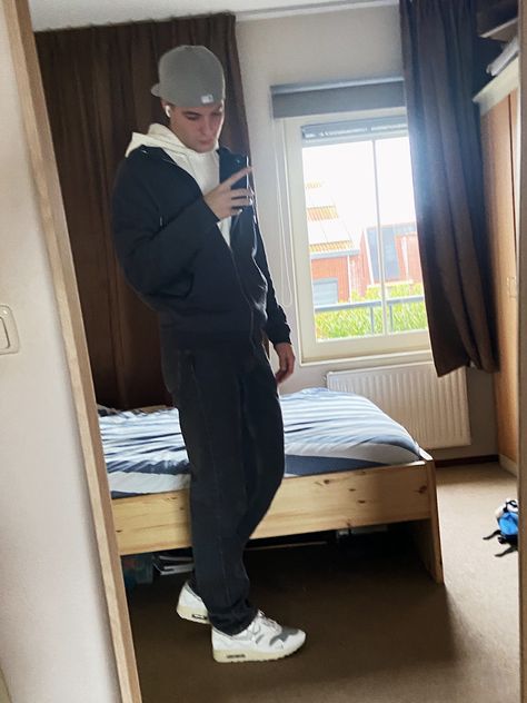 Men outfit Airmax 1 Outfit Men, Airmax 1 Outfit, Zip Hoodie Outfit, Grey Zip Hoodie, Hoodie Outfit Men, Pants White, Hoodie Outfit, Black Zip Ups, Different Outfits