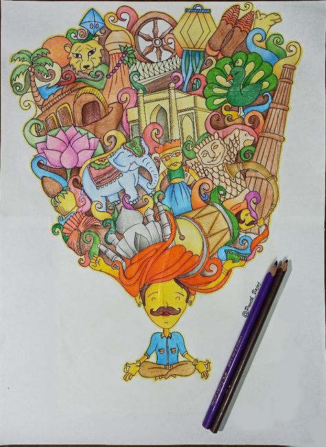 Heritage Of India Posters, Indian Culture Doodle Art, Drawing Of Indian Culture, India Culture Drawings, India Illustration Doodles, Culture And Heritage Of India Drawing, India Doodle Art, Indian Heritage Drawing, Gujarat Illustration