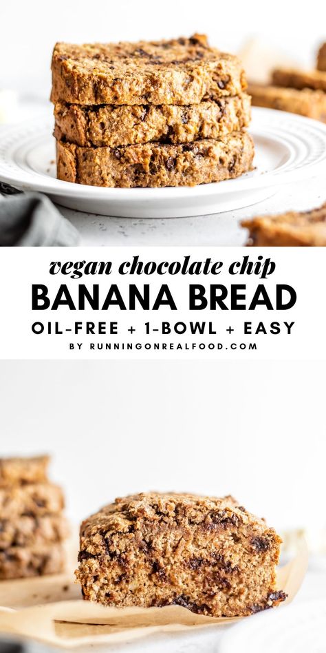 This healthy, oil-free vegan banana bread is easy to make with just a handful of ingredients like almond butter and whole wheat flour. Vegan Chocolate Chip Banana Bread, Easy Vegan Banana Bread, Vegan Gluten Free Banana Bread, Banana Bread With Oil, Vegan Banana Bread Easy, Vegan Banana Bread Recipe, Banana Treats, Flours Banana Bread, Vegan Baking Recipes