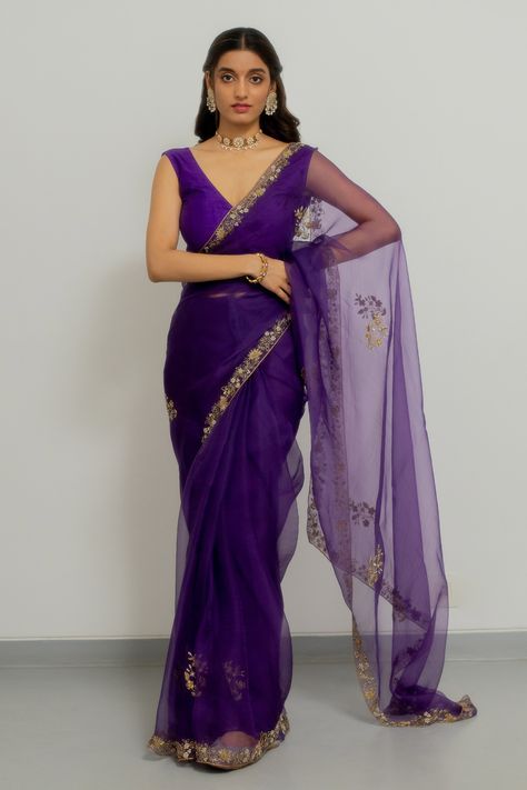 Purple Saree Aesthetic, Festive Purple Silk Pre-draped Saree, Purple Art Silk Pre-draped Saree For Navratri, Purple Georgette Pre-draped Saree For Festivals, Purple Pre-draped Saree With Zari Work For Celebration, Elegant Purple Chanderi Pre-draped Saree, Purple Pre-draped Saree For Wedding, Elegant Purple Tissue Silk Pre-draped Saree, Purple Georgette Pre-draped Saree For Eid