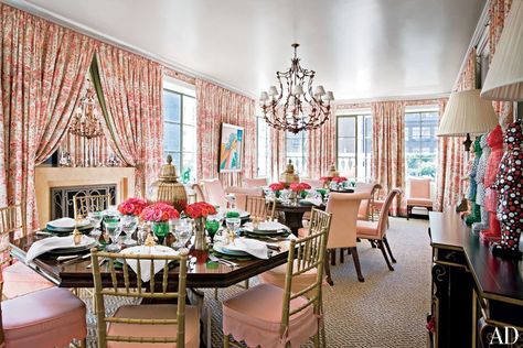 The designer used multiple tables in the dining room to create a more relaxed environment. Penthouse In New York, Multiple Tables, Pink Dining Rooms, Mario Buatta, New York Penthouse, Octagon Table, Mark D Sikes, Timeless Interiors, Traditional Dining Room