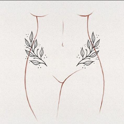 Nature Women Tattoo, Flowy Line Tattoo, Powerful Feminine Tattoos, Body Shaping Tattoos, Spinal Tattoos For Women, Sternum Tattoo Floral, Inner Hip Tattoos Women, Panty Line Tattoo, V Line Tattoos Women