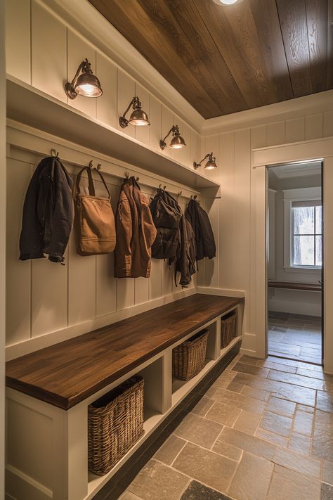 Mud Room Ideas Bench, Large Room Entryway, Mudroom Entryway Decor, Mud Room Remodel Ideas, Mudroom With Wainscotting, Mountain Cabin Entryway, Country Home Renovation, Realistic Mudroom, Mudroom No Windows