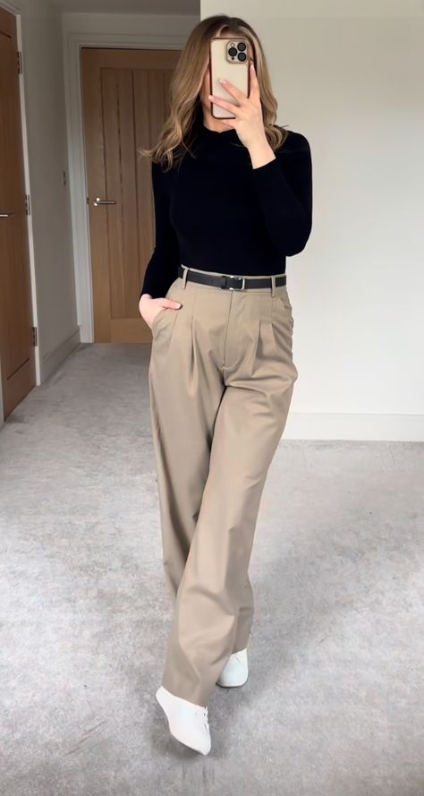 Offical Style Woman, Formal And Casual Outfits For Women, Titas Of Manila Outfit, Stylish Basic Outfits, Smart Casual For Petite Women, Khaki Straight Pants Outfit, White Shoes Office Outfit, Beige Trousers Black Top, Brown Skin Outfits Fashion