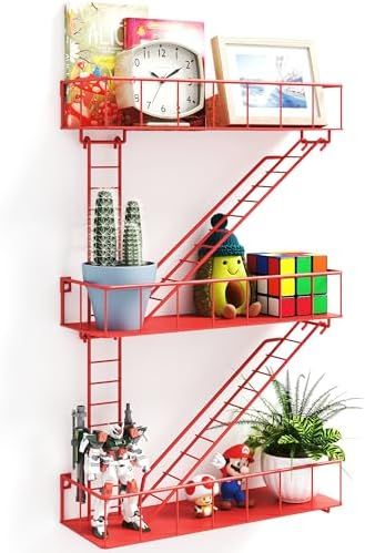 Action Figure Shelf, Figure Shelf, Shelf With Baskets, Living Room Floating Shelves, Room Floating Shelves, Fire Escape Ladder, Escape Ladder, Shelf Ladder, Industrial Wall Shelves