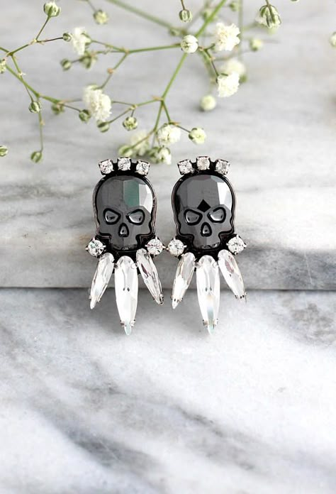 Skull Earrings Sugar Skull Earrings Black Skull Earrings #bridalearrings #giftsforher #bridesmaidearrings #SWAROVSKIearrings #ETSYhandmade #Luxuryearrings #crystalearrings #crystalbridalearrings #weddingdayearrings #PetiteDelights Blush Earrings, Gothic Bride, Sugar Skull Earrings, Rock N Roll Bride, Bride Jewelry, Rock N’roll, Bride Earrings, Black Skull, Skull Jewelry