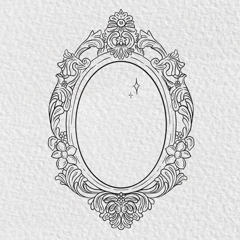 Beautiful ornate mirror tattoo artwork vintage drawing Vintage Mirror Frame Drawing, Vintage Frame Clip Art, Vintage Mirrors Drawing, Mirror Flower Tattoo, Mirror Fine Line Tattoo, Ornate Picture Frame Tattoo, Old Picture Frame Tattoo, Mirror Tattoo Minimalist, Scrying Mirror Tattoo