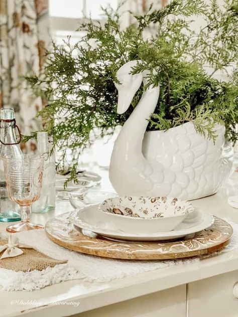 Setting a Table for Winter with a Swan Centerpiece Swan Table Centerpiece, Christmas Swan Decor, Dining Room Table Styling, Swan Centerpiece, Table Styling Ideas, Wooden Chargers, Setting A Table, Vintage Market Days, Swan Decor