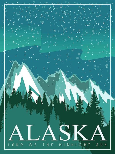 High resolution retro poster on glossy paper. 🏔️ Yukon Aesthetic, Alaska Illustration, Alaska Decor, Alaska Aesthetic, Alaska Poster, Alaska Art, Winter Poster, Procreate Ipad Art, Scrapbook Titles