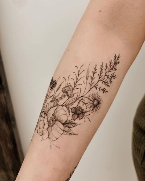 Christina Nguyen 🖊️ Arizona Fineline & Tiny Tattoo Artist on Instagram: "Recent floral tattoos 🌼   #arizona #aztattooer #arizonatattooartist #oldtownscottsdale #flowertattoo #floraltattoo #shouldertattoo #peonytattoo #finelinetattoo #finelinetattoos floral cuff tattoo, whimsical floral cuff tattoo , cottage floral cuff tattoo, shoulder tattoo, peony tattoo, shoulder peony tattoo, leg tattoo, floral leg tattoo, floral leg sleeve tattoo, whimsical tattoo, daisy tattoo, fern tattoo, berry tattoo, meadow tattoo" Daisy And Peony Tattoo, Peony Tattoo Leg, Meadow Flowers Tattoo, Floral Cuff Tattoo, Peony Tattoo Shoulder, Meadow Tattoo, Floral Leg Sleeve, Floral Leg Sleeve Tattoo, Fine Line Peony Tattoo