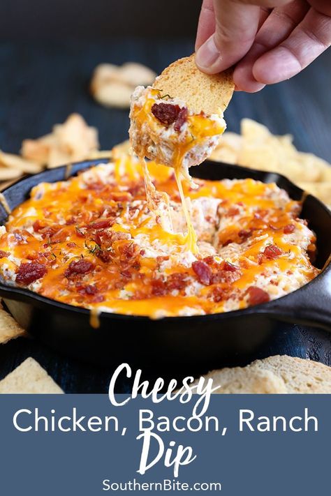 This easy recipe for warm Cheesy Chicken, Bacon, Ranch Dip with be the star of any party or get-together! #southernbite Chicken Bacon Ranch Dip, Bacon Ranch Dip, Ranch Dip, Dip Recipes Easy, Cheesy Bacon, Chicken Dips, Chicken Bacon Ranch, Bacon Ranch, Cheesy Chicken