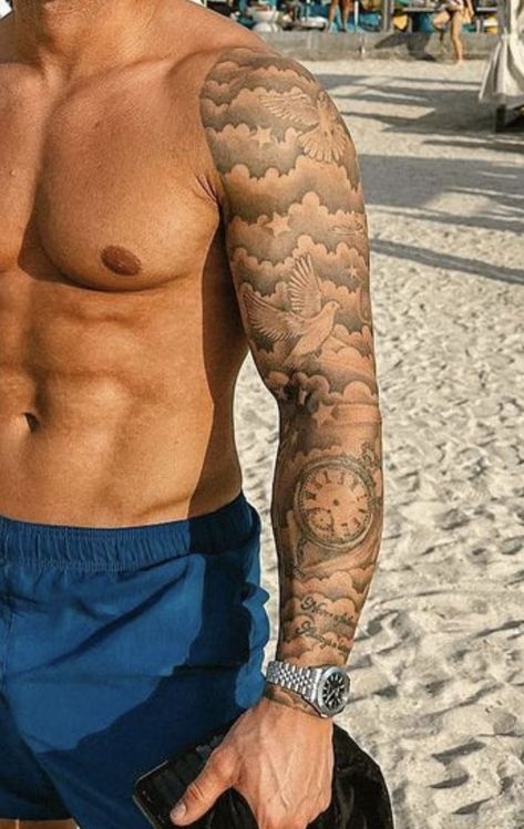 Cool Men Sleeve Tattoo, Arm Fill In Tattoos, Live Your Tattoo, Cloud Tattoo Cover Up, Men’s Sleeve Ideas, Men’s Half Sleeve Tattoo Ideas, Full Sleeve Tattoos Mens Arm, Upper Arm Tattoo Men Ideas, Tattoo Inspiration Men Arm