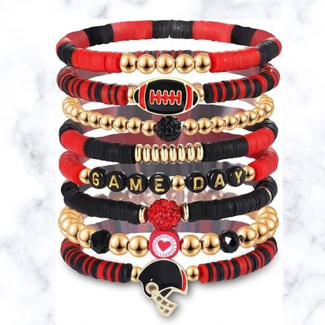 $39 Set Of 8 Bracelets Stretch To Fit Black & Red Theme Football Theme 49ers Bracelet Ideas, Georgia Bulldogs Clay Bead Bracelet, Football Beaded Bracelets, Nfl Bracelets, Adjustable Bracelets For Game Day, Football Season, Marvel Jewelry, Football Jewelry, Football Bracelet, Pandora Necklace