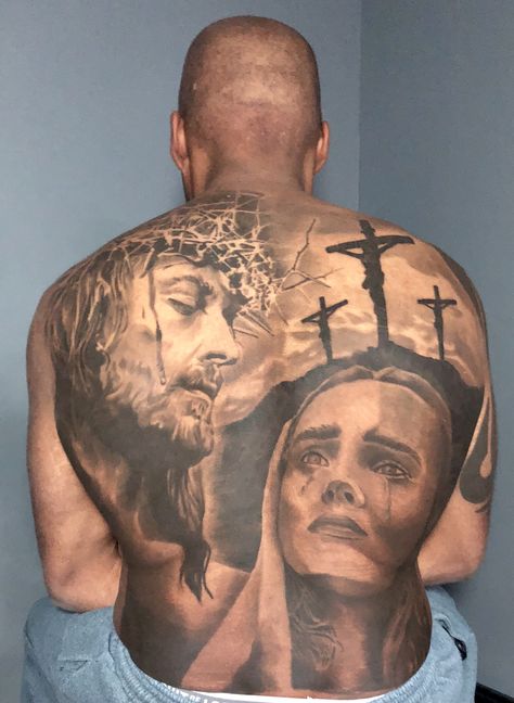 Christian Back Tattoos, Jesus Back Tattoo, Crucifixion Tattoo, Religous Tattoo, Religious Tattoo Sleeves, Christus Tattoo, Jesus Tattoo Design, Dallas Tattoo, Dark Skin Tattoo