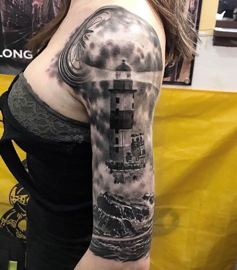 Lighthouse in a storm, half sleeve by Luke LoPorto, an artist at Timmy Tattoo in Huntington, NY. Lighthouse Tattoo Design, Easy Half Sleeve Tattoos, Ocean Sleeve Tattoos, Tatuaje Cover Up, Storm Tattoo, Tattoos Arm, Lighthouse Tattoo, Tattoos For Women Half Sleeve, Lighthouse Photos