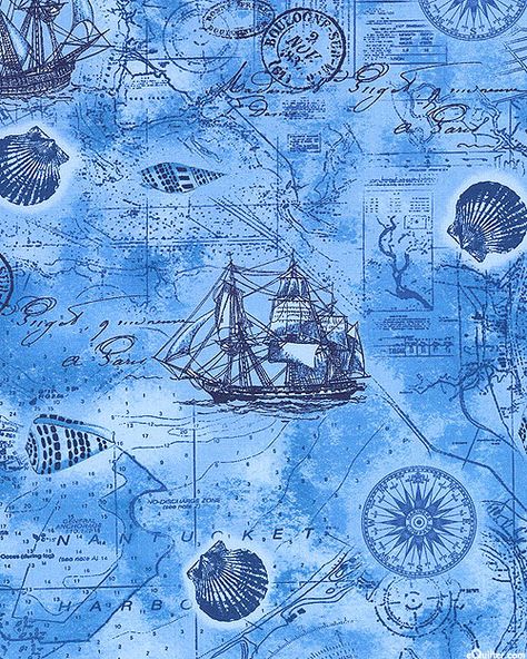 Nautical Mile - Misty Marina - Ocean Blue Maps Aesthetic, Blue Seashell, Nautical Aesthetic, Map Quilt, Navi A Vela, Map Making, Blue Map, Timeless Treasures Fabric, Quilt Fabrics